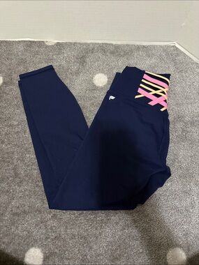Fabletics Navy Leggings with Pink & tan Crisscross Waistband